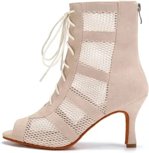 AOQUNFS Dance Heels for Women Mesh Ballroom Dance Booties Lace Up Dance Ankle Boots with Zipper