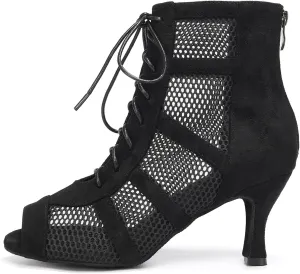 AOQUNFS Dance Heels for Women Mesh Ballroom Dance Booties Lace Up Dance Ankle Boots with Zipper