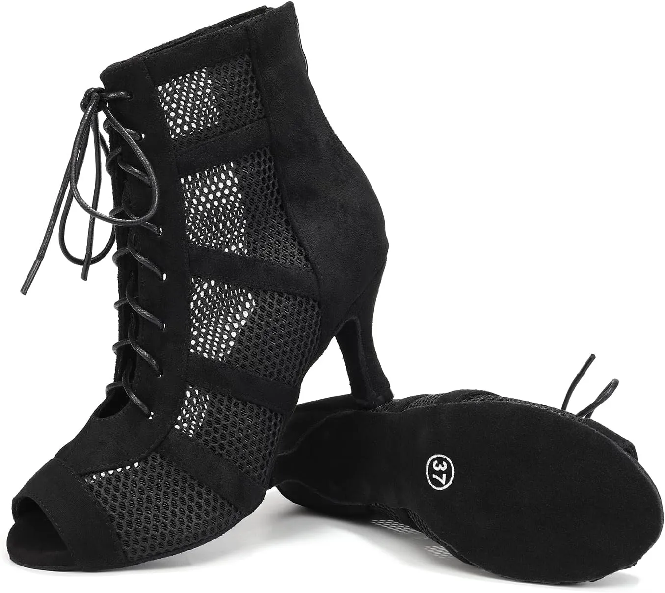 AOQUNFS Dance Heels for Women Mesh Ballroom Dance Booties Lace Up Dance Ankle Boots with Zipper