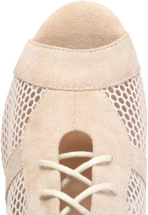 AOQUNFS Dance Heels for Women Mesh Ballroom Dance Booties Lace Up Dance Ankle Boots with Zipper