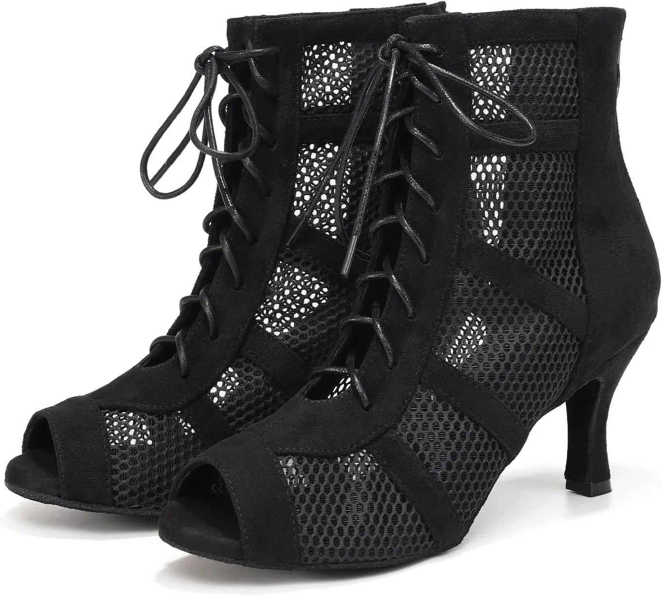 AOQUNFS Dance Heels for Women Mesh Ballroom Dance Booties Lace Up Dance Ankle Boots with Zipper