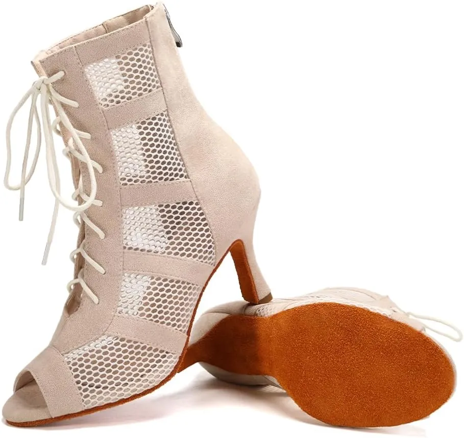 AOQUNFS Dance Heels for Women Mesh Ballroom Dance Booties Lace Up Dance Ankle Boots with Zipper