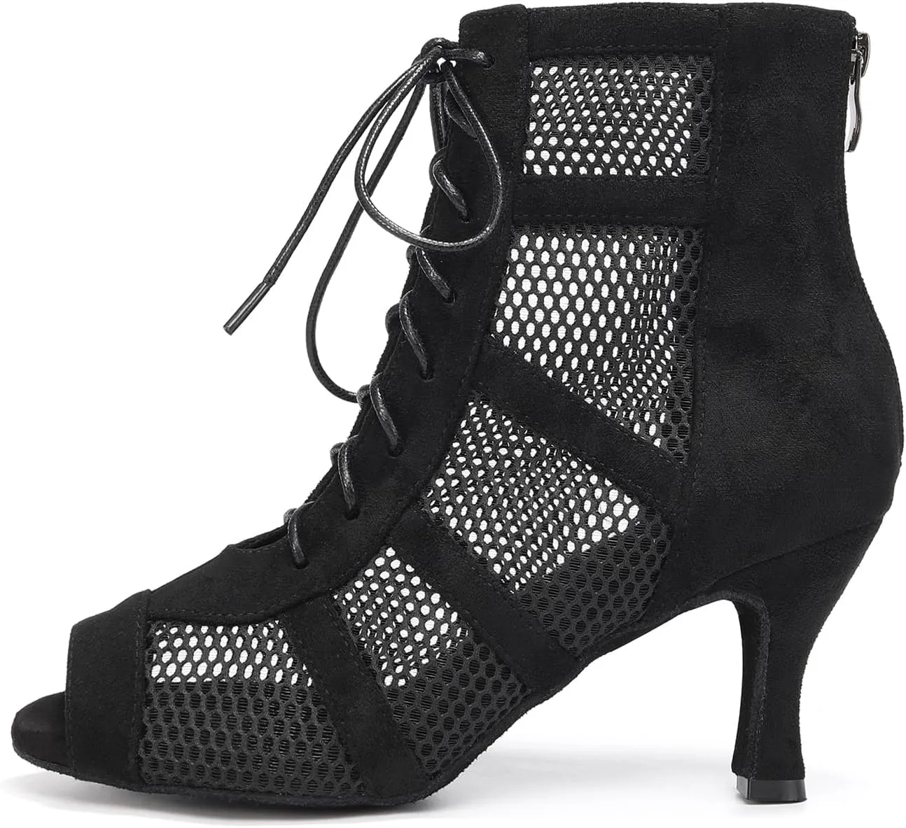 AOQUNFS Dance Heels for Women Mesh Ballroom Dance Booties Lace Up Dance Ankle Boots with Zipper