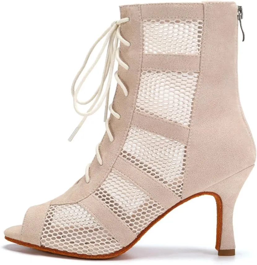 AOQUNFS Dance Heels for Women Mesh Ballroom Dance Booties Lace Up Dance Ankle Boots with Zipper
