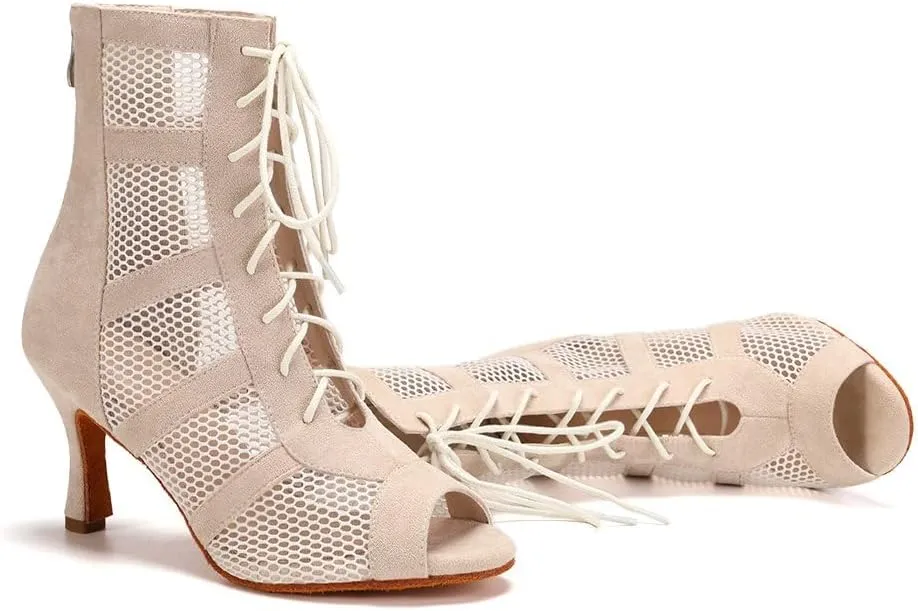 AOQUNFS Dance Heels for Women Mesh Ballroom Dance Booties Lace Up Dance Ankle Boots with Zipper