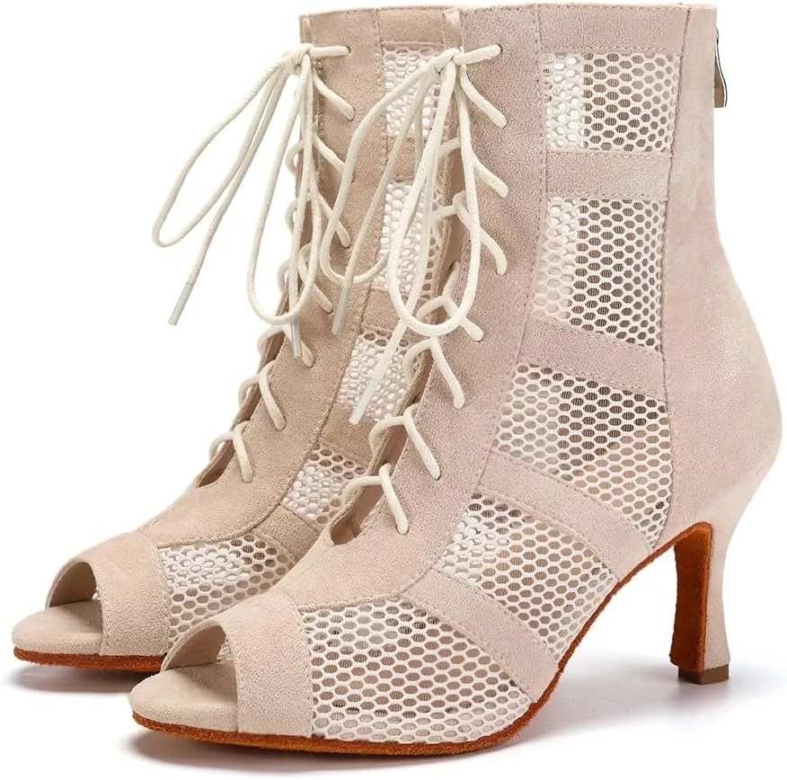 AOQUNFS Dance Heels for Women Mesh Ballroom Dance Booties Lace Up Dance Ankle Boots with Zipper