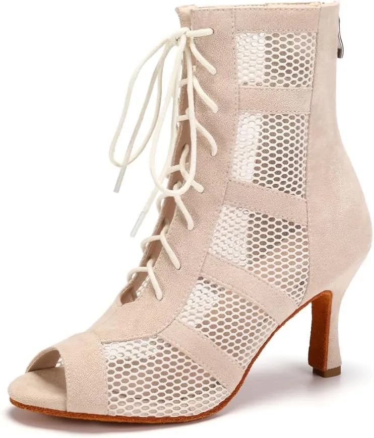 AOQUNFS Dance Heels for Women Mesh Ballroom Dance Booties Lace Up Dance Ankle Boots with Zipper