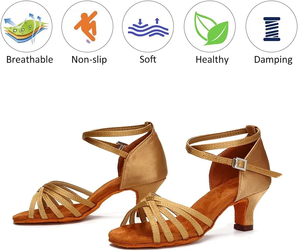 DKZSYIM Women's Satin Latin Dance Shoes Professional Ballroom Salsa Practice Performance Dancing Shoes,Model 213
