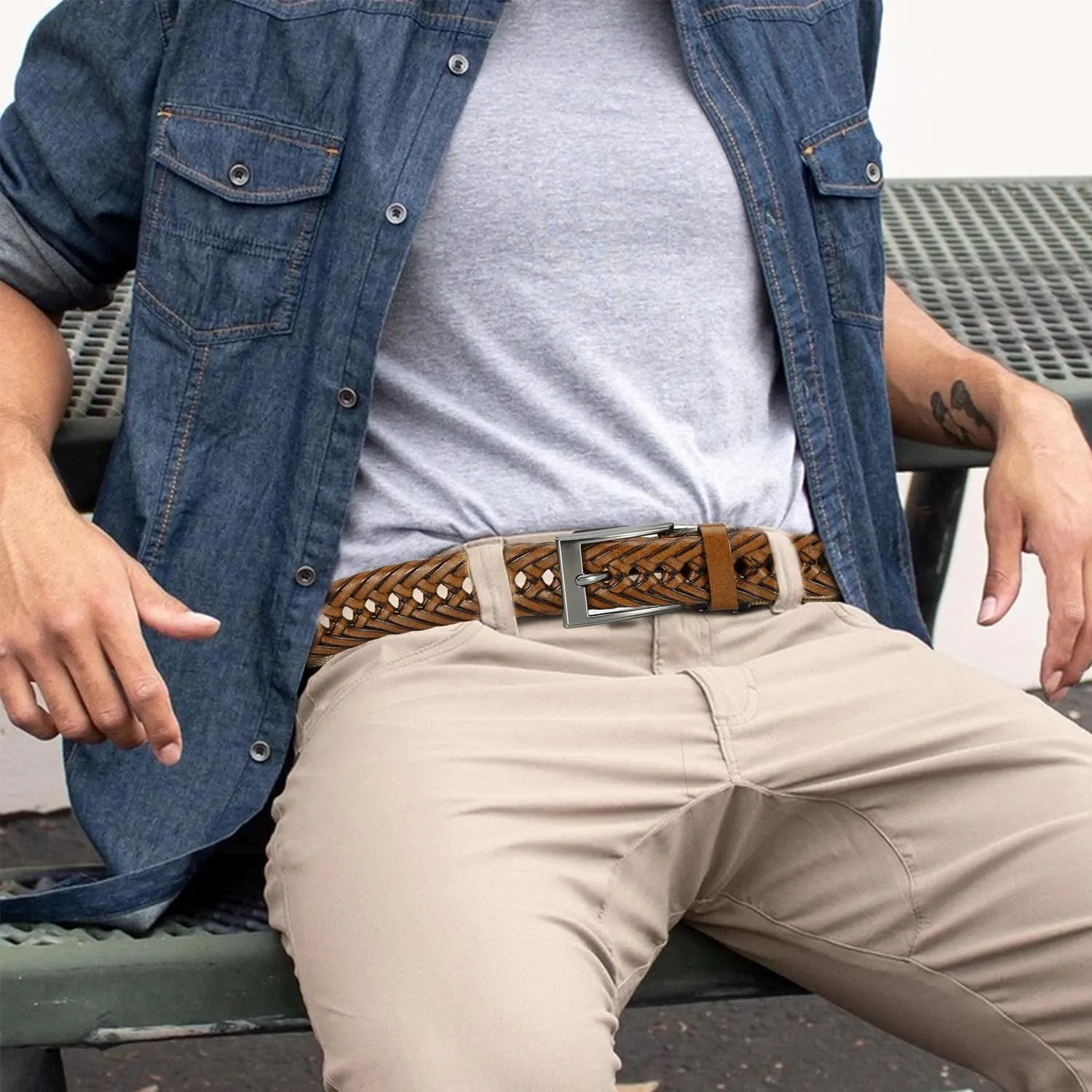 DOOPAI Mens Belts, Braided Leather Dress Belt,Woven Braided Belts for Gift Men Casual Jeans Golf