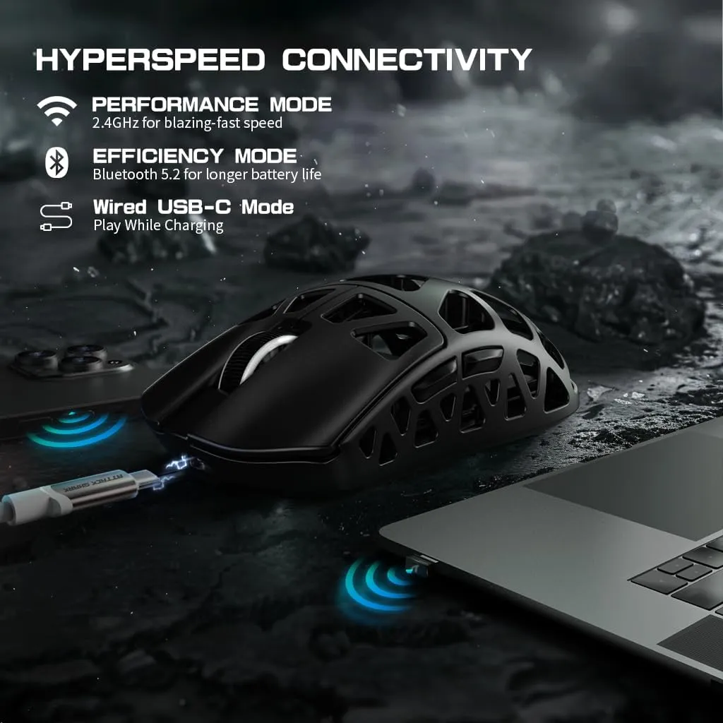 FELICON x Attack Shark R3 Wireless Gaming Mouse,PAW3395 26K DPI 8KHz Polling Rate,Magnesium Alloy 46g Ultralight,Programmable Tri-Mode BT/2.4G/Wired Computer Mice with Coiled Cable-Black