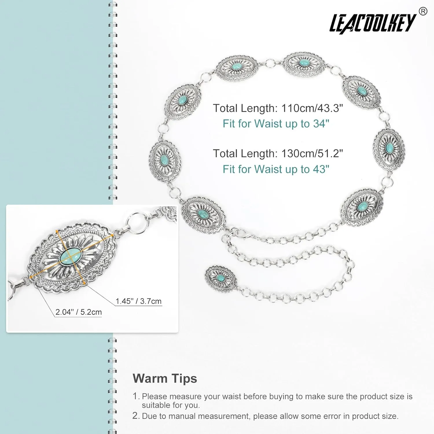 LEACOOLKEY Women Turquoise Concho Chain Waist Belt Silver Western Cowgirl Metal Chain Belt for Dress Adjustable