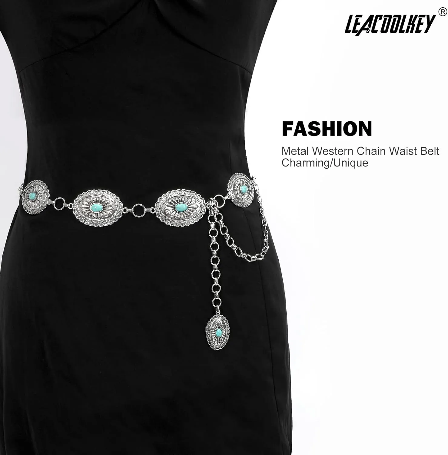 LEACOOLKEY Women Turquoise Concho Chain Waist Belt Silver Western Cowgirl Metal Chain Belt for Dress Adjustable