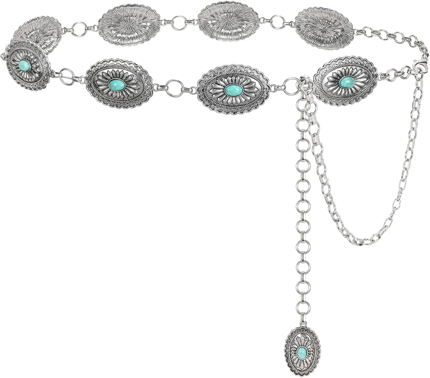 LEACOOLKEY Women Turquoise Concho Chain Waist Belt Silver Western Cowgirl Metal Chain Belt for Dress Adjustable
