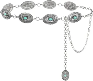 LEACOOLKEY Women Turquoise Concho Chain Waist Belt Silver Western Cowgirl Metal Chain Belt for Dress Adjustable