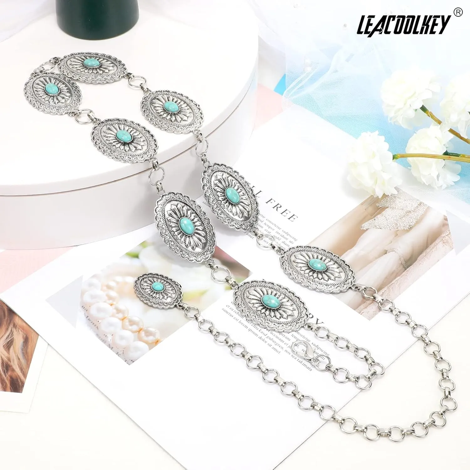 LEACOOLKEY Women Turquoise Concho Chain Waist Belt Silver Western Cowgirl Metal Chain Belt for Dress Adjustable