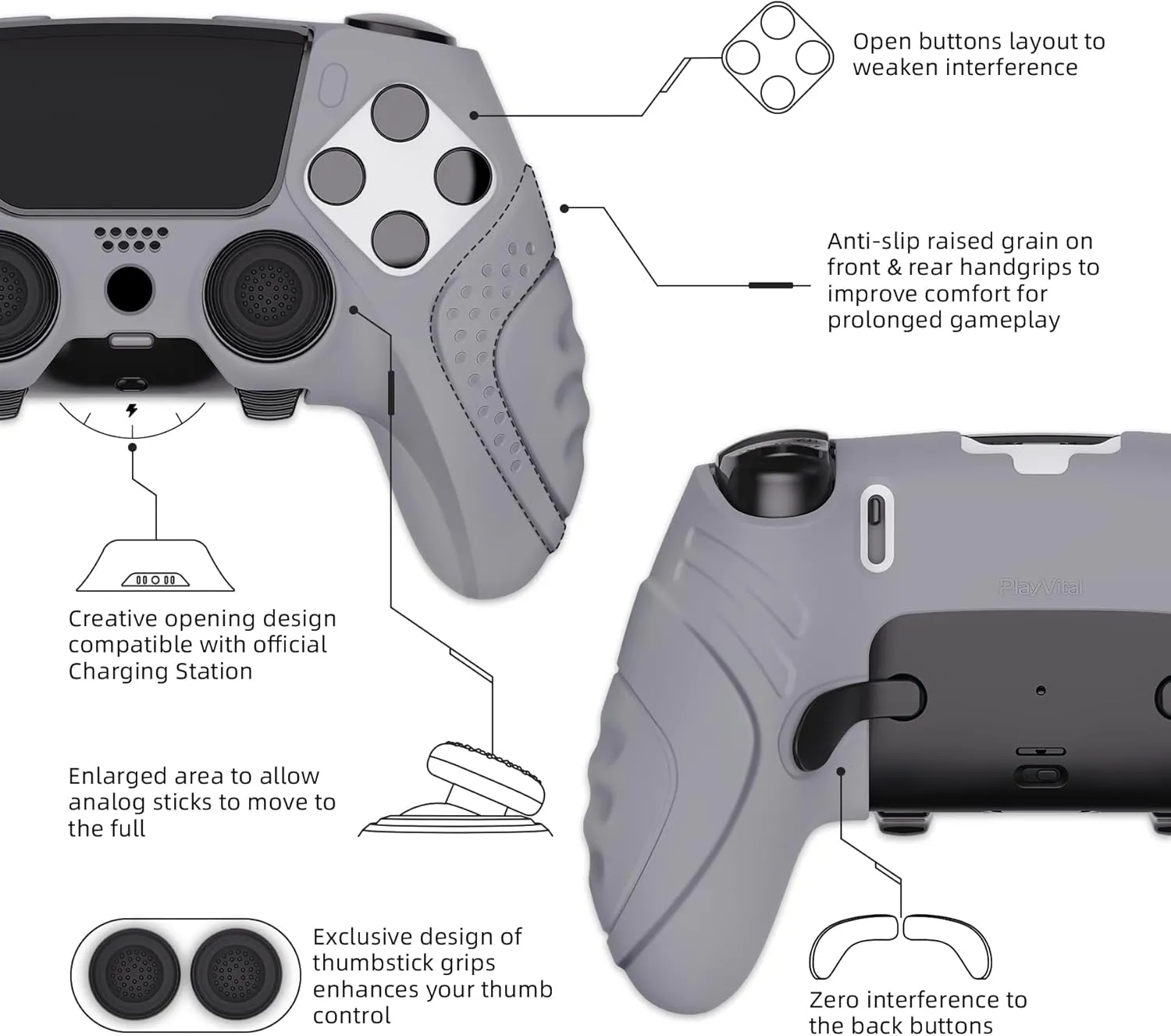 PlayVital Guardian Edition Anti-Slip Ergonomic Silicone Cover Case for ps5 Edge Controller, Soft Rubber Protector Skin for ps5 Edge Wireless Controller with Thumb Grip Caps - Metallic Gray