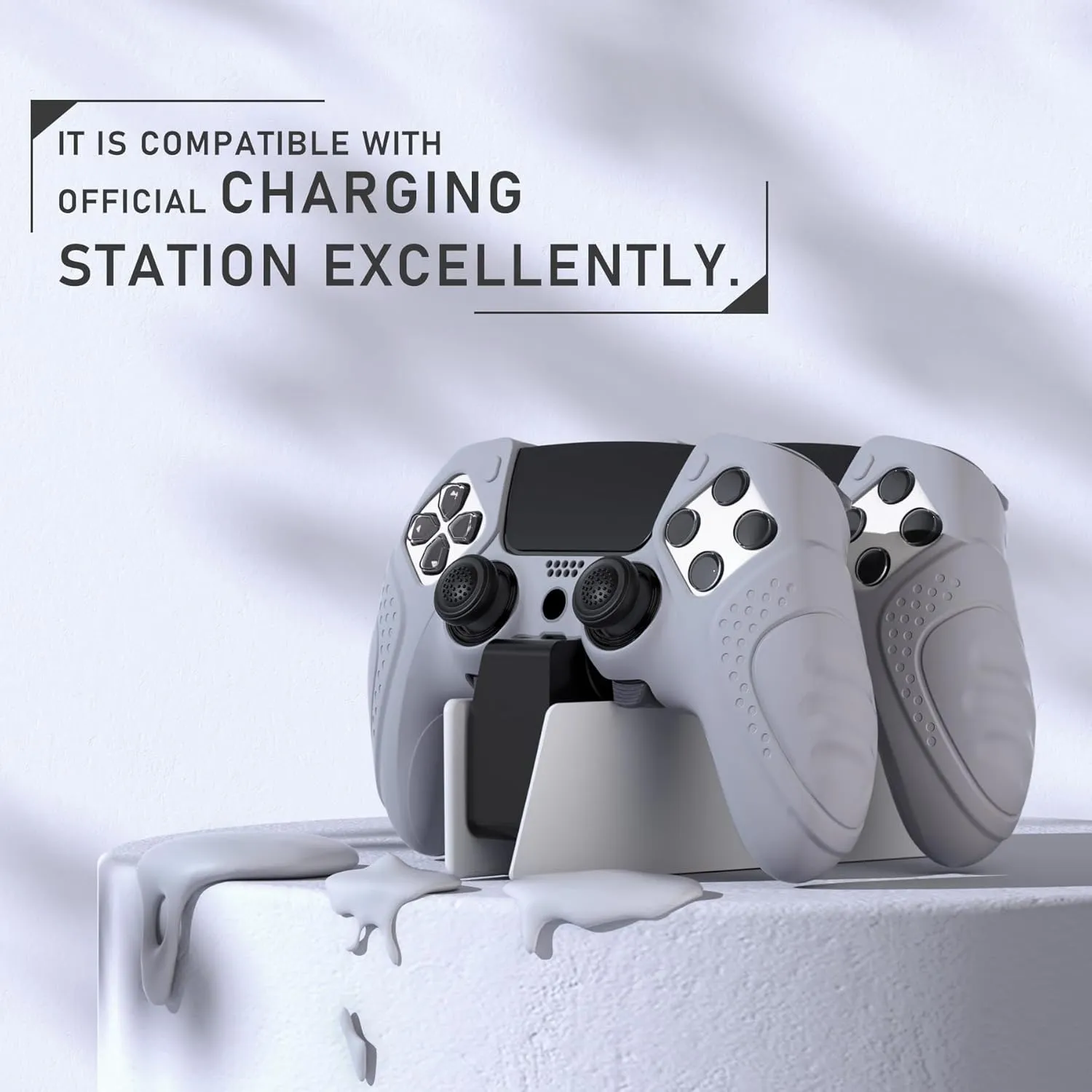 PlayVital Guardian Edition Anti-Slip Ergonomic Silicone Cover Case for ps5 Edge Controller, Soft Rubber Protector Skin for ps5 Edge Wireless Controller with Thumb Grip Caps - Metallic Gray
