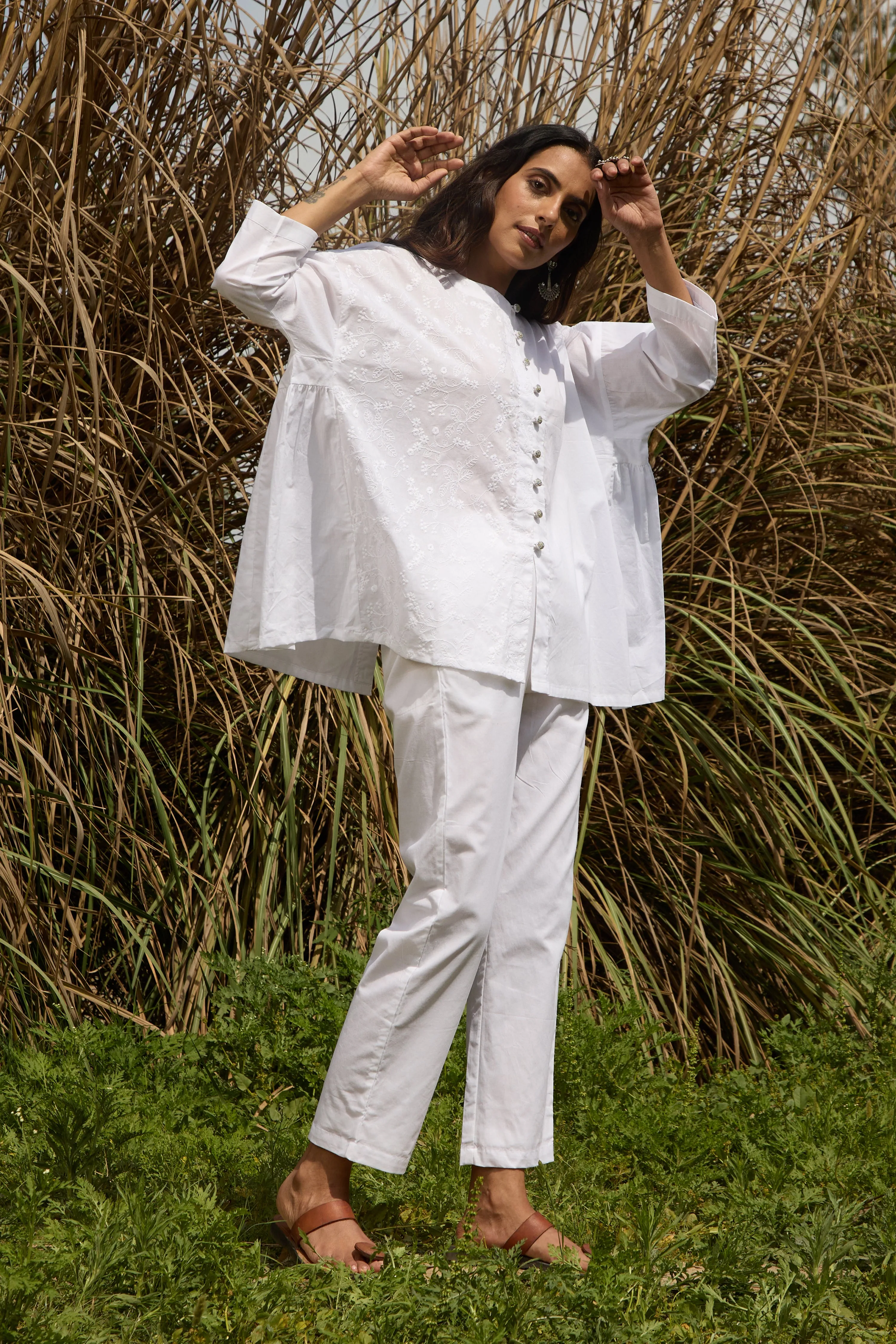 trueBrowns White Cotton Embroidered Relaxed Co-ord Set
