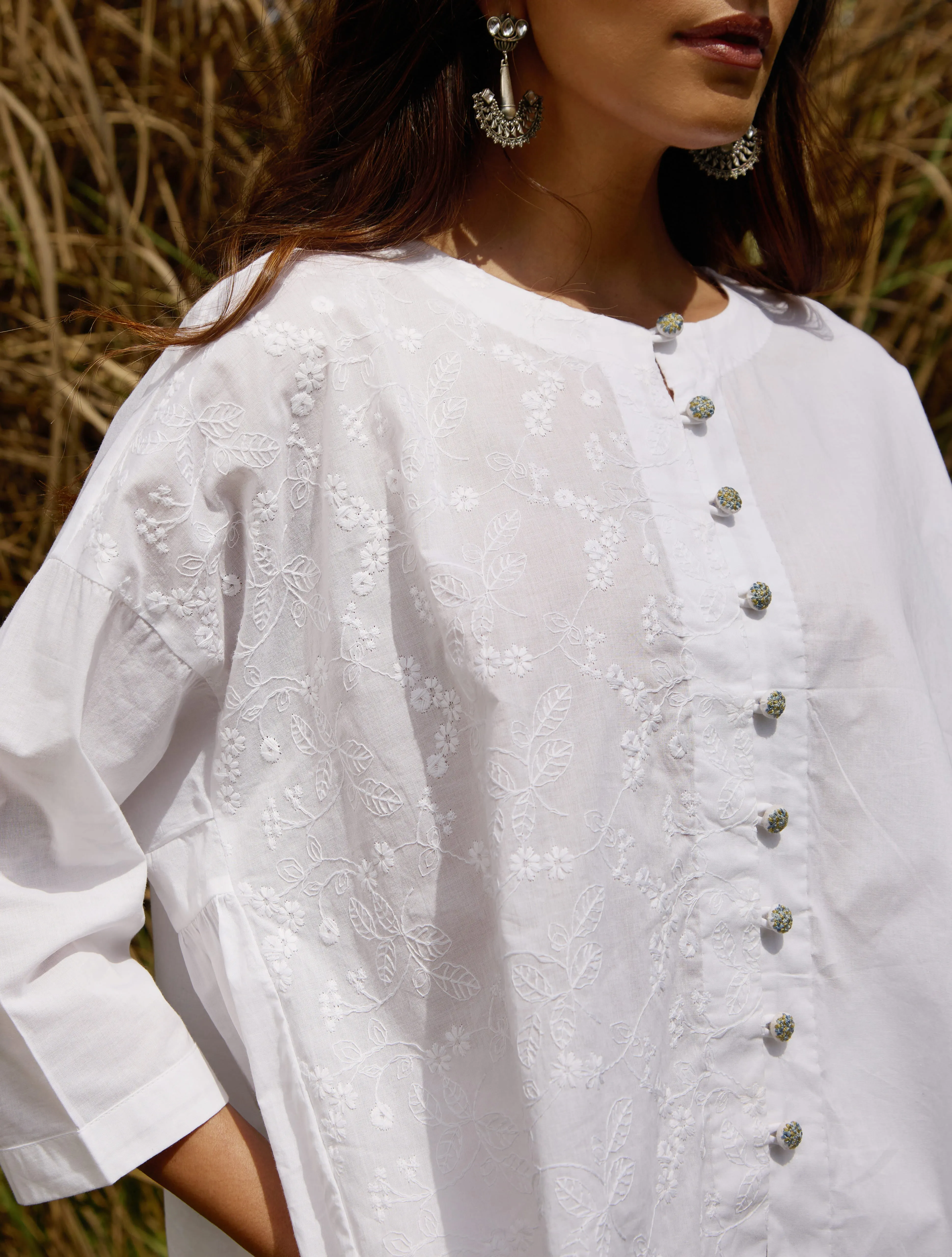 trueBrowns White Cotton Embroidered Relaxed Co-ord Set